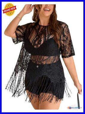 Plus Size Boho Fringe Top Lace Mesh Sheer Short Sleeve Tassel T-Shirt Going Out